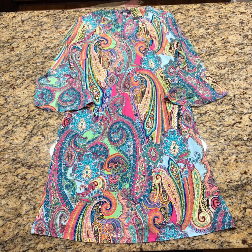 NEW Tommy Hilfiger Womens Color Paisley V-Neck Bell Sleeve Shift Dress 6 ws